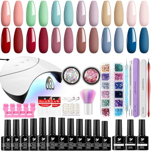 PHOENIXY UV Nagellack Set mit U V LED Nagellampe, 12 Stück Gel Nägel Set Alle Jahreszeiten Gel-Lack glänzend matt Deckschicht Grundierung, Nagelset Gelnägel Starterset mit Lampe Geschenk für Frauen