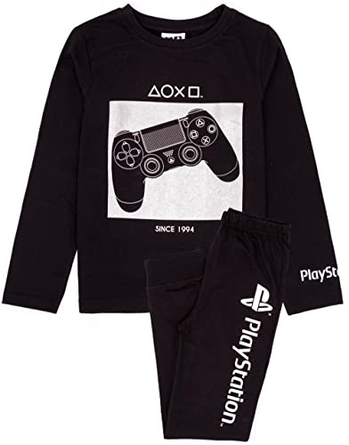 PlayStation Pyjamas For Boys | Kids Black Long Sleeve T Shirt With Trousers Gamer PJs | Silver Console Controller Gamepad Merchandise 7-8 Years