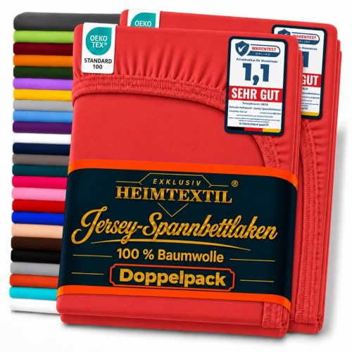 EXKLUSIV HEIMTEXTIL Jersey Spannbettlaken Marke Doppelpack 140-160 x 200 cm 100% Baumwolle, Öko - Tex Zertifiziert, Markenqualität, Matratzenhöhe bis 25 cm, Rot