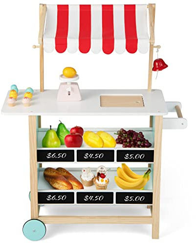 COSTWAY Kinder Eiswagen aus Holz mit Waage und Glocke | Kaufladen mit 6 Eiscremes, 2 Ablagen und Einkaufswagen auf Rollen für Kinder ab 3 Jahren (Rot)