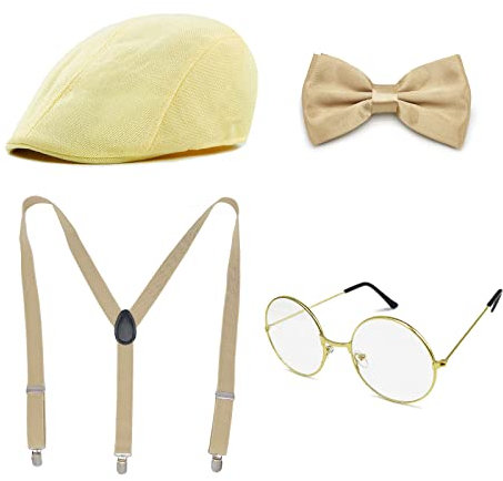 NITAIUN 4 Stück 1920er Herren Kostüm Zubehör Set, 20er Jahre Herren Accessoires, Gatsby Herren, Roaring Retro Gangster Kostüm, Panama Hut, Elastisch Verstellbar Hosenträger, Fliege, Brillen (Style B)