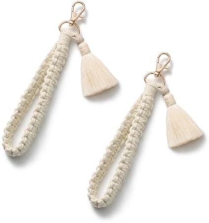 CHUQING Schlüsselanhänger Makramee Schlüsselband Kurz Geflochten Armband Boho Schlüsselbund Stoff für Frauen Mädchen Damen Beige