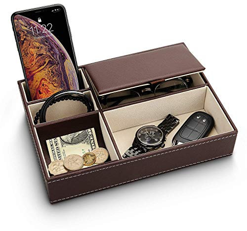 Baoyun Father‘s Day Gift Mens Valet Tray Organizer, Mens Jewelry Box, Nightstand Organizer with 5 Compartments, Dresser Faux Leather Storage Box for Wallet, Phone, Keys, Gifts for Dad, Men, Husband