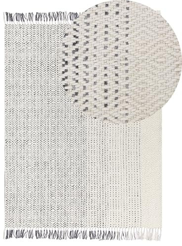 Beliani Wohnzimmerteppich aus Wolle dekorative Fransen 140 x 200 cm Weiß und Grau Omerli