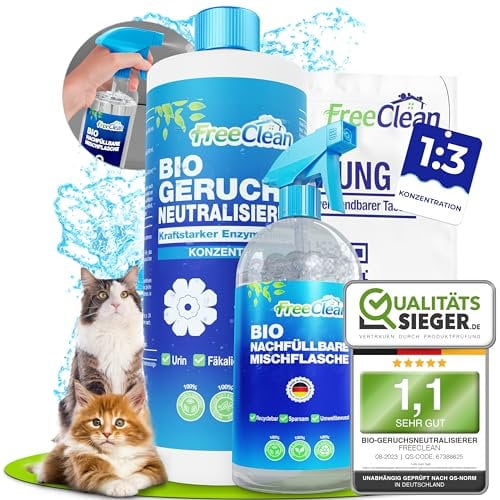 FreeClean® Bio Geruchsneutralisierer Konzentrat 1000ml [EXTRA STARK OHNE CHEMIE] Enzymreiniger Katzenurin inkl Mischflasche - Hochkonzentrierter Geruchsentferner als Textilerfrischer - Made in DE