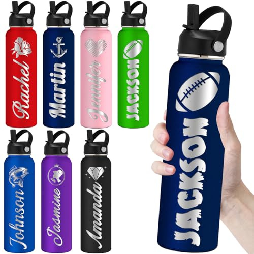 Personalized Water Bottles with Straw 24oz Custom Engraved Water Bottle for School Customized Name Double Wall Insulated-Navy