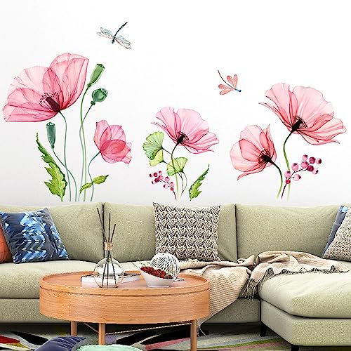 Timelesslong Wandtattoo Wanddeko Wohnzimmer Blumen Rosa Lotus Libelle Wandsticker Pflanzen Deko Tapete Groß Rose Wandaufkleber Blume Wandbilder für Schlafzimmer Flur Büro Fensterbilder Deko