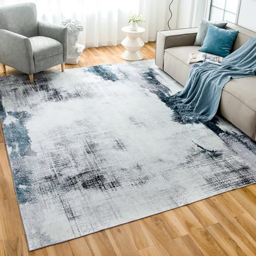 CHOSHOME Waschbarer Teppich - Abstrakt Chic Tintenspritzer Wohnzimmer Schlafzimmer Balkon Teppich - Kunstwolle für In und Outdoor - Moderner Weicher Blau 200X290CM
