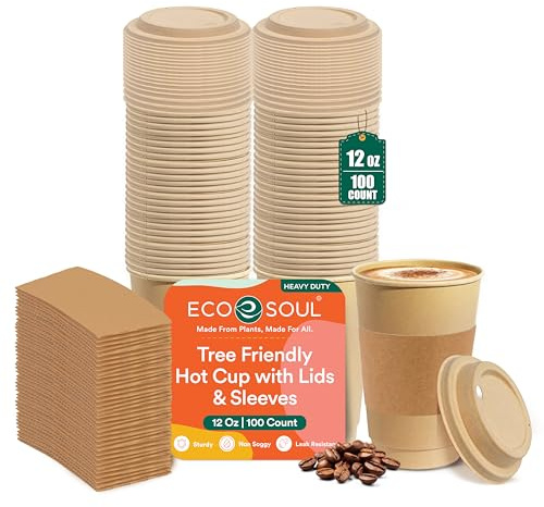 ECO SOUL 100% Compostable Coffee Cups with Lids & Sleeves – 355 ml (12 oz), 100 Pack | Leak-Resistant, Eco-Friendly Disposable Cups for Hot & Cold Drinks, Takeaway, Events & Parties