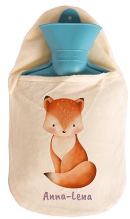 Gummi-Wärmflasche personalisiert (Fuchs) | mit Wunschname bedruckt | Tiermotive für Kinder | 0,8l Fassungsvermögen | hellblau | mit Vlies-Bezug