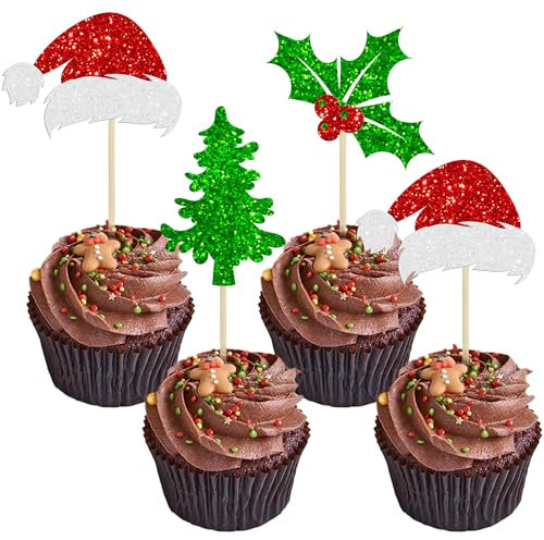 24Pcs Christmas Santa Hat Cupcake Toppers Glitter Holly Leaves Berries Christmas Tree Cupcake Picks Winter Merry Christmas Theme Birthday Party Cake Decorations Supplies