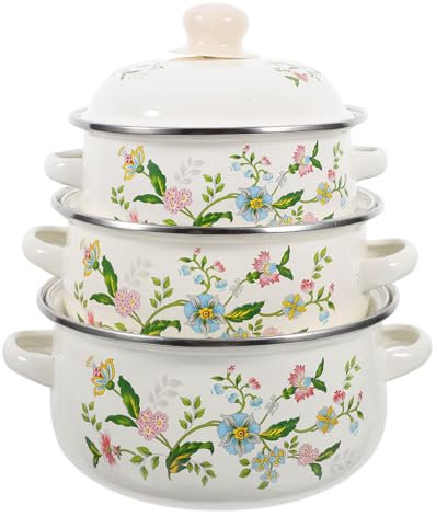 ABOOFAN Enamel Pot Set 3pcs Flower Enamel Stock Pot with Lid Vintage Ceramic Stockpot Cooking Pot Flat Bottom Stew Pot for Soup Stew Canning