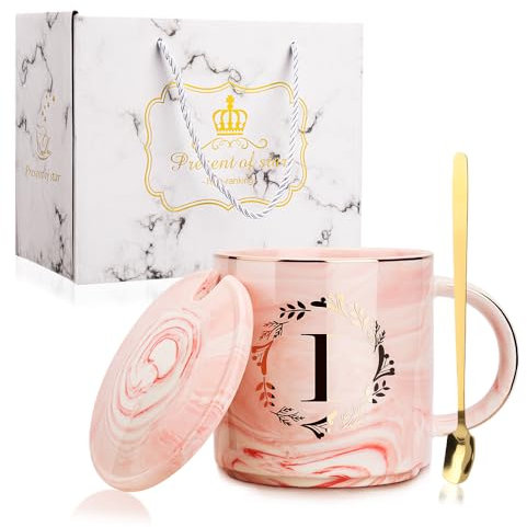 WALLFID Personalized Initials Coffee Mug Set - 12 Oz Ceramic Coffee Cup with Lid and Spoon - Pink Gift for Mum, Birthday or Friendship Gifts