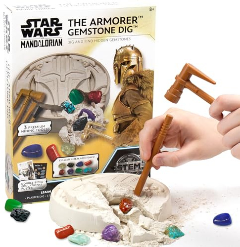 STAR WARS The Armorer Gemstone Dig, Reveal 8 Real Gemstones Inside The Armorer's Helmet, Including Amethyst, Quartz, Red Agate, Toys, Science Kits for Kids Age 8-12, Excavation Toys