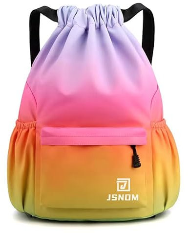 JSNOM Turnbeutel Kordelzug Wasserdicht Sportbeutel: Beutel Rucksack Groß mit Reißverschluß Innentasche Gymsack Gym Bag für Damen Herren (Regenbogen)