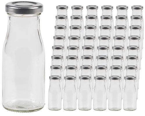 Vitrea 48 leere Glasflaschen 150ml Schraubverschluss Silber - Milchflaschen, Saftflaschen, kleine Flaschen zum Befüllen mit Deckel - für Milch, Saft, Smoothies, Öl - 48 Stück, TO43, Epi