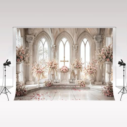 Kate Fotografie Hintergrund 2.2x1.5m/7x5ft Weiß Rosa Floral Vintage Beige Gewölbe Stein Fenster Kirche Hochzeit Halle Hintergrund Requisiten Fototapete