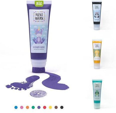 Miniwerk Bio Malfarbe Lila mit Schwammaufsatz aus natürlichen Rohstoffen, schadstofffrei wie Fingerfarbe - Fußabdruck Baby - Erinnerung und Dekoration für Baby- & Kleinkinderzimmer