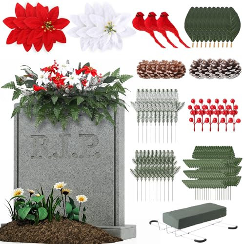 Thiccywoov 70 Stück künstliche Friedhofsblumen mit Draht-Grabstein-Sattel, Weihnachtssterne, Seidenleder-Blattfarnen, roter Vogel, Tannenzapfen, Beere, Tannennadel für den Außenbereich,