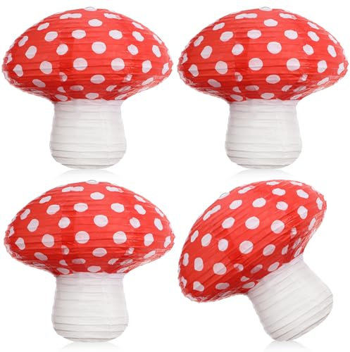 4pcs Mushroom Decor Mushroom Shaped Paper Lanterns, Hanging Mushroom Party Decorations, Red Mushroom Decor for Birthday, Wonderland Theme Party, Jungle Party, Garden Wedding