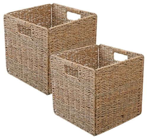 Aolawco 2 Stück Korb Geflochten Aufbewahrungskorb, Faltbar kallax Weidenkorb zur Aufbewahrung, 28 x 28 x 28cm Stabiler Korb Aufbewahrung mit Tragegriffen für Regale, Speisekammer, Bäder, Wohnzimmer