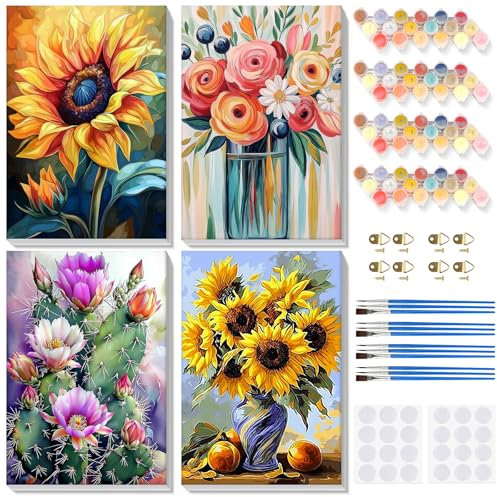 Lxmsja 4 Pièces Peinture par Numéro avec Cadre, Fleurs, Pinceaux - Loisirs Créatifs et Activité Manuelle pour Adulte et Enfant, 20x30cm