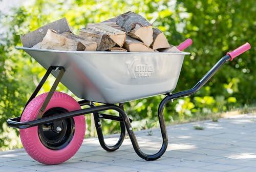 TIREX by xonic® Schubkarre mit Stahlfelge – Verzinkte Wanne bis 250kg/ 100l - Robuste Ausführung für Garten und BAU – Schieb-Karre mit PU Vollgummi-Rad (PInk- Silber)