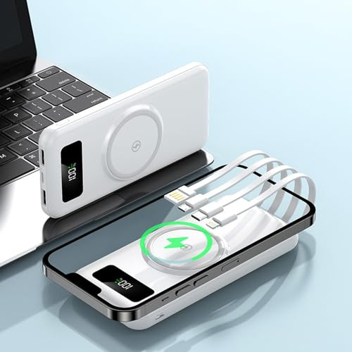 Power Bank 30000mah, Power Bank De Carga Rápida, Energía Móvil De Cuatro Líneas, 30000mah Energía Magnética, Carga Rápida, Cargador Portátil (Blanco)
