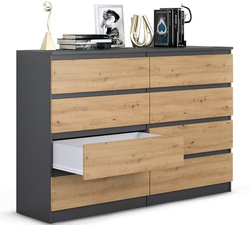 Beneli Kommode Anthrazit Artisan 140x40x97 cm | Schubladenschrank mit 8 Schubladen | Modernes Sideboard für Schlafzimmer, Wohnzimmer & Flur | Holzoptik & Eleganz