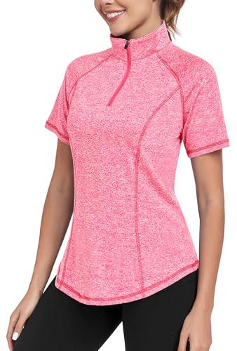 DUVOWE T-shirt de sport à manches courtes fonctionnel pour femme - Haut de sport - Gym - Entraînement - Course - Fitness - Avec fermeture éclair 1/4, cerise, M