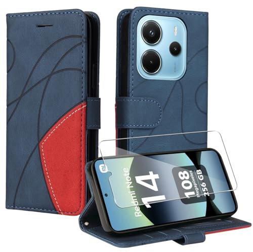 Coque pour Xiaomi Redmi Note 14 4G EU Version(Pas pour 5G/4G Global Version) avec 1 Pièces Protection Écran en Verre Trempé, Couleur Combinaison PU Cuir Flip Portefeuille Housse Étui - Bleu