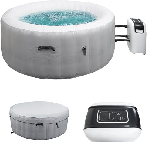 Mendler Whirlpool HWC-N97, 4 Personen, In-/Outdoor heizbar aufblasbar Pumpe PVC laminiert, rund Ø 180cm - grau-weiß