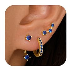 WATEFOER Ohrringe Gold Set, 3 Pcs Huggie Hoop Jacke Ohrstecker Stack für mehrere Piercing, hypoallergen 925 Sterling Silber Post Dainty Geburtsstein Modeschmuck Geschenke (Blauer Saphir)
