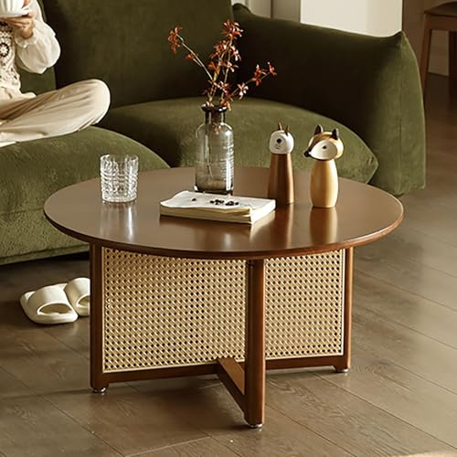 Nordivo Runder Couchtisch Aus Holz Mit Rattan-Gestell, Mid-Century Wohnzimmertisch, Beistelltisch Für Wohnzimmer & Büro(Dark Brown,60cm/23.6in)