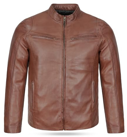 Leatherick herr premium Nappa fårläder café racer svart bikerjacka, Jacka brun hooper-stil, L