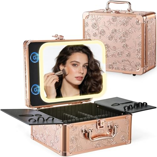 Makeup Box with Mirror, Portable Vanity Case Make Up Box Organiser Travel Makeup Bag Beauty Cosmetic Case with Led Mirror Adjustable Compartment