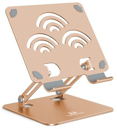 Tobeoneer Aluminum Adjustable Tablet Stand for Desk,Dual Rod,4-12,Gold | Height & Angle Adjustable,Foldable Portable Design,Stable Anti-Slip Base,Compatible with iPad,Kindle,Switch & Smartphones