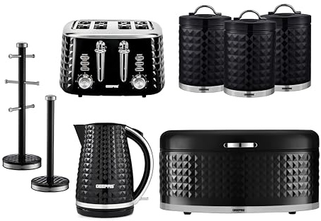 GEEPAS Electric Kettle, 4 Slice Bread Toaster, Set of 3 Tea Coffee Sugar Canister, Bread Bin, Mug Tree & Towel Pole Set of 8 Piece Matching Kitchen Counter Storage Space Saver Set | Argyle Black