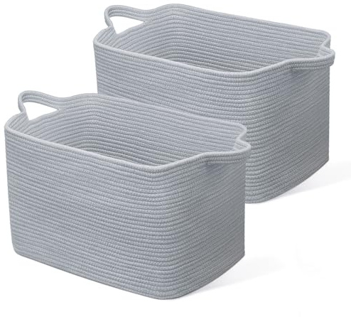 JOJOSEE Faltbarer Wäschekorb, 65L Aufbewahrungskorb Grau 2 Stück | Geflochten Aufbewahrungskorb mit Henkel, Laundry Baskets aus Baumwolle, Ideal für Decken, Kleidung, Kuscheltier, Spielzeug
