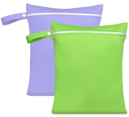 AOOSA 2 Stück Nasstasche, Wiederverwendbare Windeltasche mit Reißverschluss | Leichter Wasserdichte Wäschesäcke, Wet Bag für Babys, Schwimmen, Reisen, Fitnessstudio, Strand (Grün + Lila)