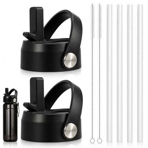 58mm Wide Mouth Straw Lid Water Bottle Lid Replacement with Carry Handle, Flip Top Drinking Cap Including Straws and Cleaning Brushes, Leak Resistant Accessory for Wide Mouth Reusable Bottles