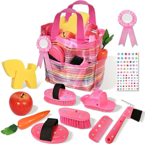 Hobby Horse Zubehör Kinder, Pferde Putzbox Spielzeug Rosa mit Tasche mit Bürsten, Kamm, Hufkratzer und Pferdeputzzeug für Mädchen, Magic Brush Horse Geschenk, Vorgetäuschtes Spielmaterial (B)