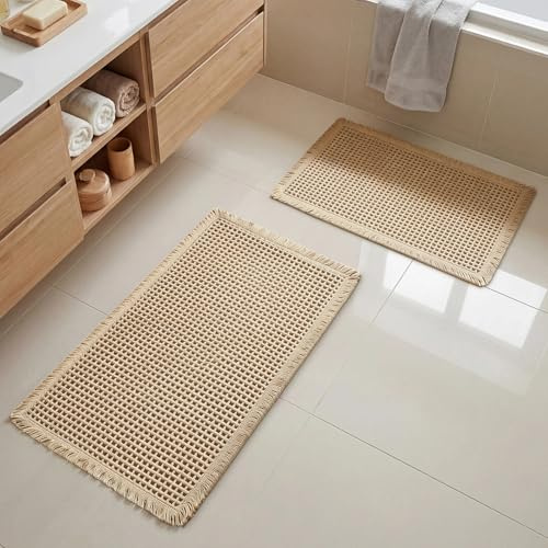 wiipara Badezimmerteppich Set 2 Teilig, Boho Waffel Badteppich, Beige | Rutschfeste Badematte Waschbar Badezimmermatte Bad Vorleger für Wohnzimmer Badezimmer Wäscheraum Küche, 46x77cm + 43x61cm