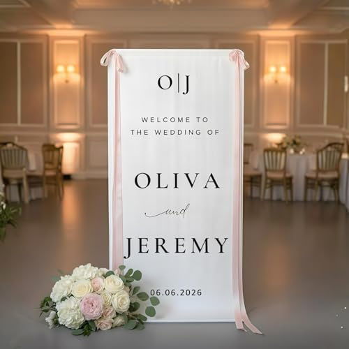 MEIEG Señal De Bienvenida De Boda De Tela Personalizada, Señal De Ceremonia De Fiesta, Cartel De Bienvenida A Nuestra Boda, Material De Lino(50X152 cm)