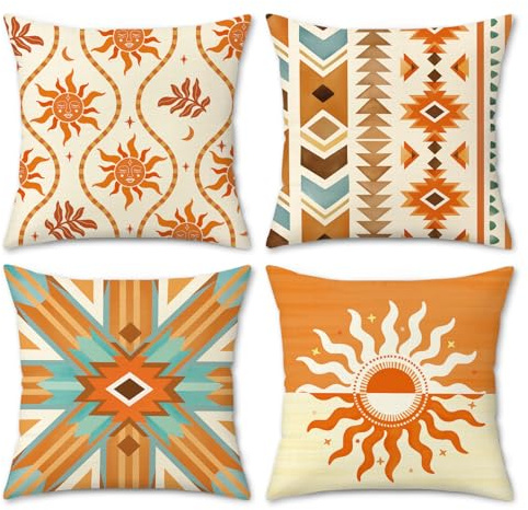 Bonhause Kissenbezüge Boho Sonne 45 x 45 cm Polyester Leinen Südwestlich Ethnisch Orange Dekorative Kissenhülle Zierkissenbezüge für Sofa Schlafzimmer Zuhause Dekoration 4er Set