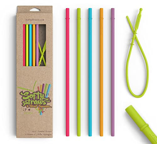 10.5” Reusable Silicone Straws + Cleaner - Long Length Replacement Straws for Tumblers Acrylic,Yeti, rTic, Starbucks, Ozark - BPA Free Slim Drinking Straws - Chewy, Bendy, Flexible Safe for Kids