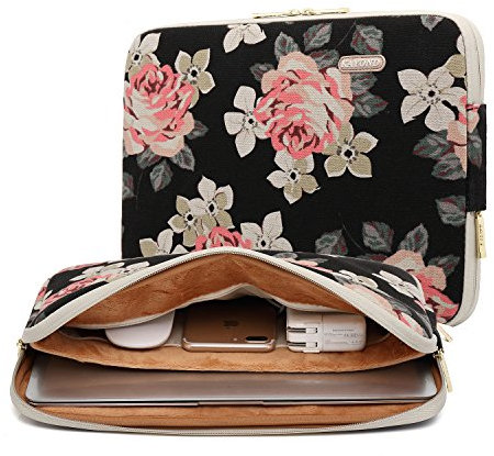 KAYOND Rose Pattern Water-resistant 15 inch Canvas laptop sleeve for 15.6 inch laptop, macbook air/pro 15.4, MacBook pro 16 (15-15.6 Inch, Black Rose)