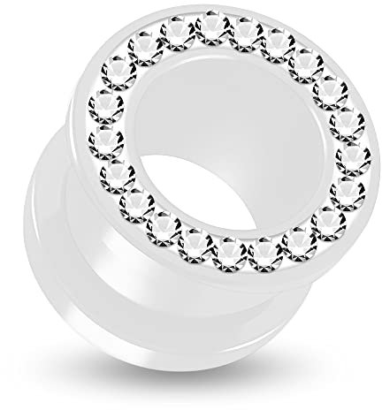 Monster Piercing 10MM Weißer UV Acryl Double Flared Tunnel mit Klaren Kristall Steinen Glitzer Ohr Piercing Weiß Fleischtunnel