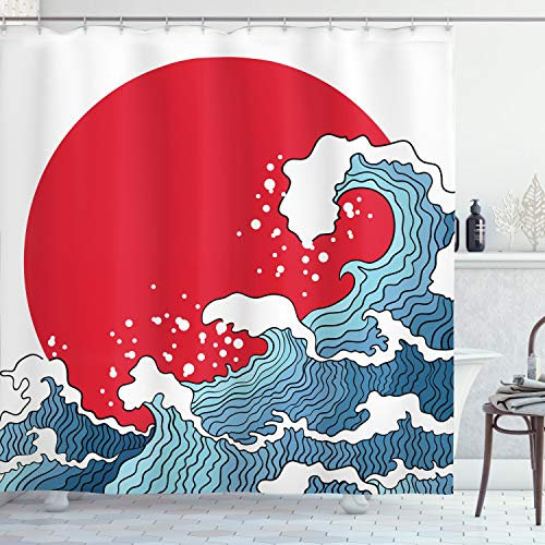 ABAKUHAUS japanische Welle Duschvorhang, Red Sun Tsunami, Stoffliches Gewebe Badezimmerdekorationsset mit Haken, 175 x 200 cm, Rot Blau Weiß