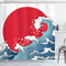 ABAKUHAUS japanische Welle Duschvorhang, Red Sun Tsunami, Stoffliches Gewebe Badezimmerdekorationsset mit Haken, 175 x 200 cm, Rot Blau Weiß